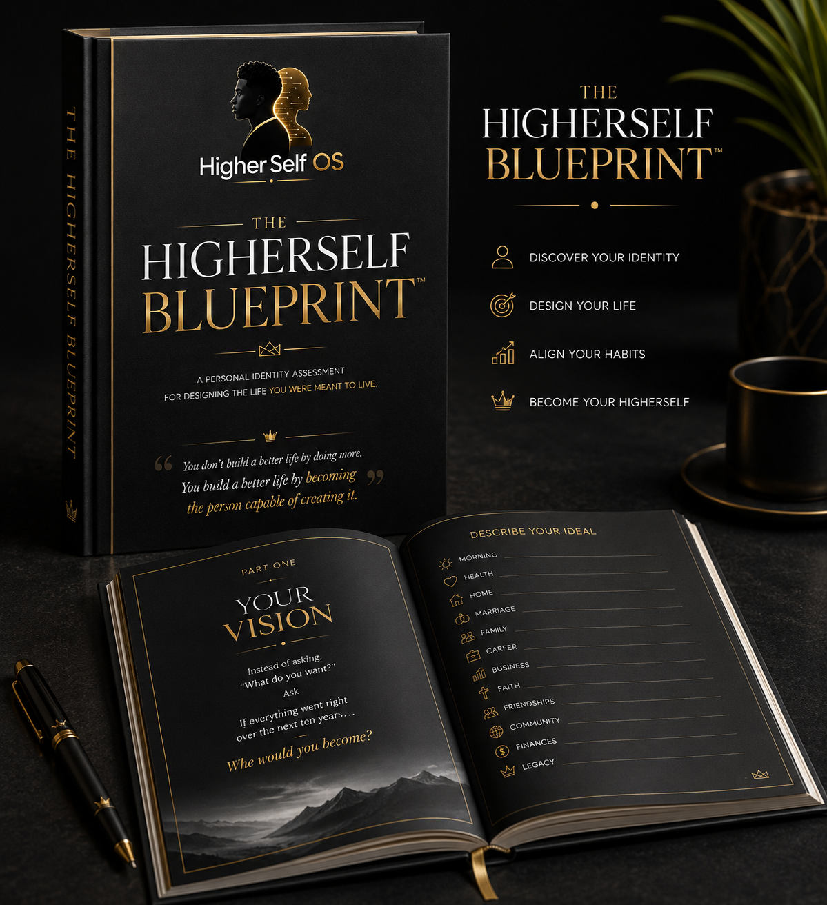 The HigherSelf Blueprint — luxury workbook with open journal spread
